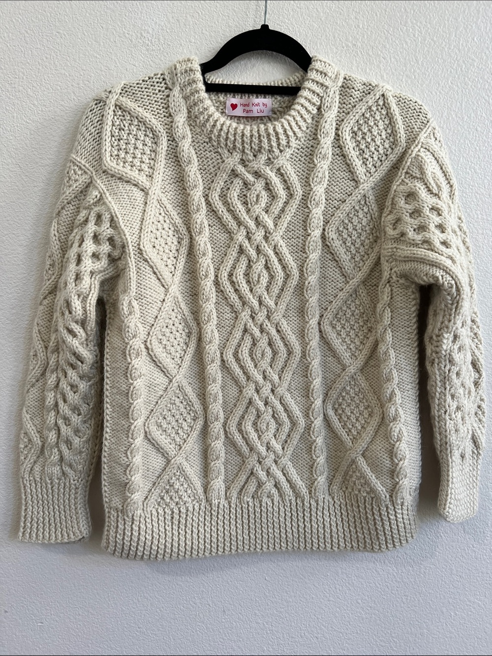 Hand Knit Classic Intricate Aran-Style Chunky Cable Crewneck Sweater Cream OS